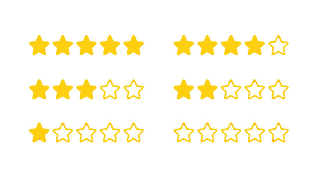 Five star rating scale set with yellow stars on white