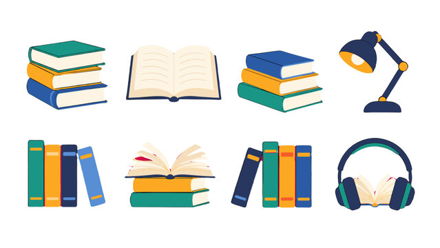 Educational book and desk lamp icon set in flat vector style