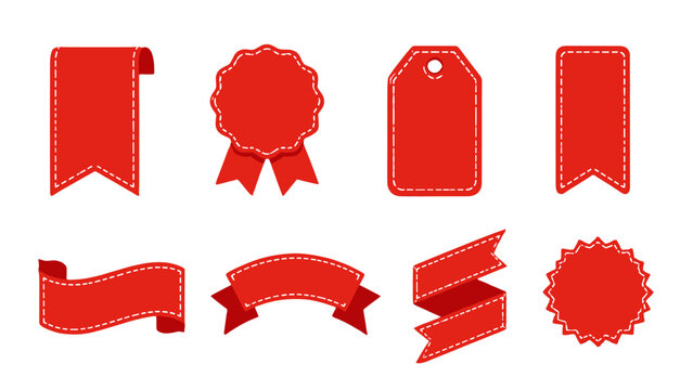 Red stitched ribbon banners tags and label shapes set