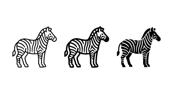 Three Stylized Zebra Illustrations, Black and White Animal Icons, Simple Safari Wildlife Vector Graphics