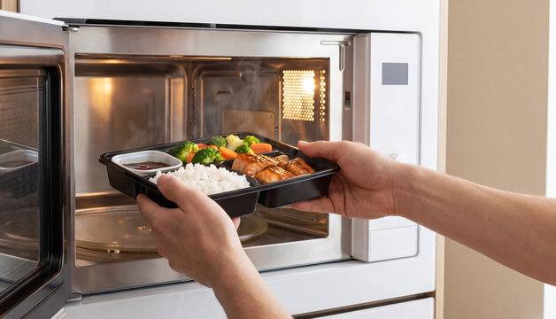 Hands placing tray with chicken, rice and vegetables into microwave oven, convenient healthy lunch preparation concept.