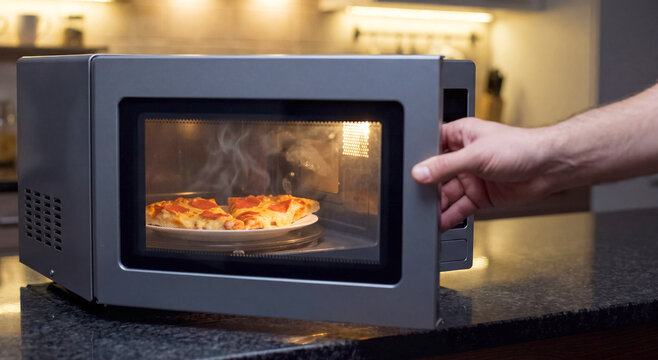 Pizza heating inside microwave oven with hand near door, quick home snack reheating concept.