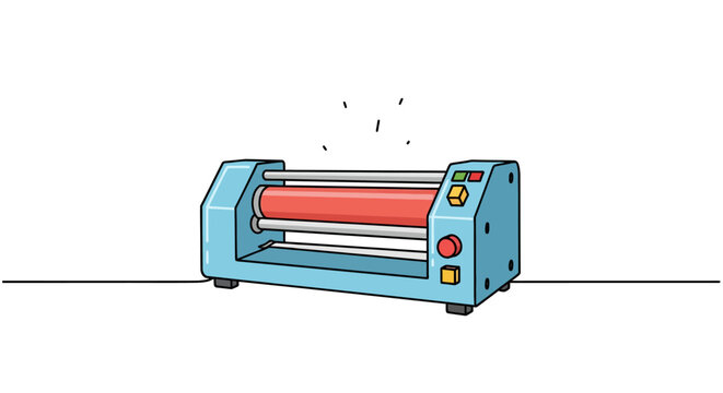 Illustration of a blue laminating machine with a red roller.