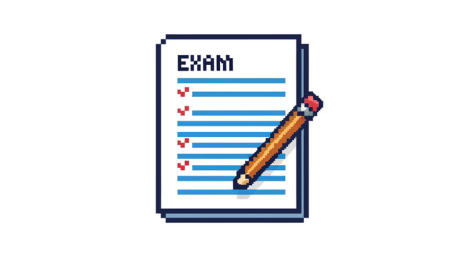 Pixel Art Exam Paper with Pencil Icon.