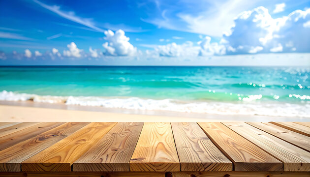 Empty wooden table on a sunny tropical beach with turquoise ocean and blue sky, perfect for summer vacation themes
