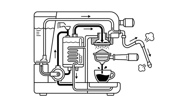 Internal mechanics schematic of professional espresso coffee machine.