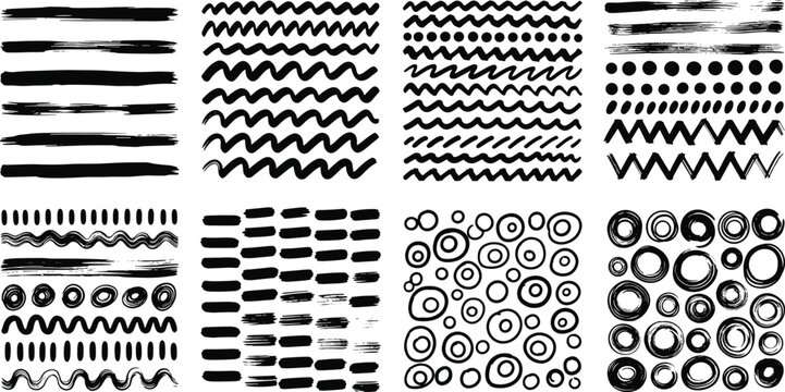 Collection of abstract black hand drawn brush stroke seamless patterns with wavy lines dots and rough circles
