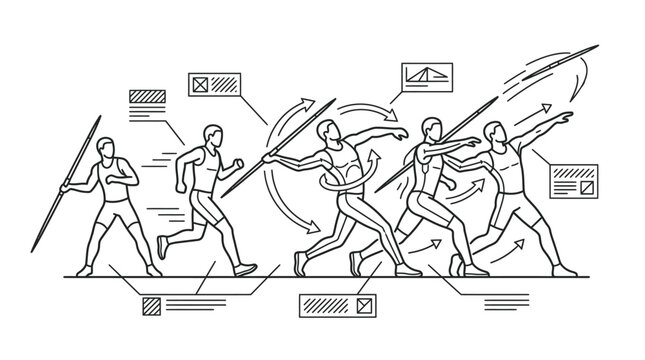 Technical line drawing of a javelin throw sequence.