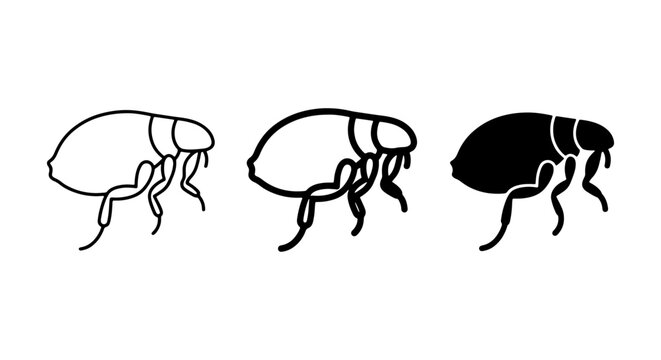 Flea Icons Set, Vector Insect Silhouettes, Simple Bug Graphics, Pest Control Symbols, Line Art and Solid Fill