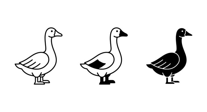 Three Goose Icons: Outline, Silhouette, and Filled Vector Graphics for Farm and Wildlife Designs