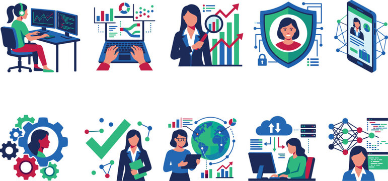 Women in Tech and Data Science Illustration Set featuring Software Engineering Cybersecurity Cloud Computing Machine Learning and Business Intelligence Graphics