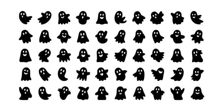 Ghosts Icons Array with Varied Silhouettes, Halloween Themed Spooky Characters, Black Shapes on White Background, Graphic Design Elements