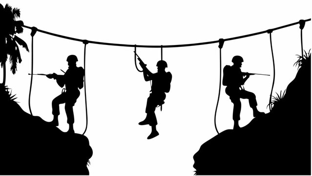 Special forces soldiers rappelling down ropes in a tropical environment at night