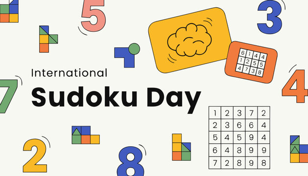International Sudoku Day, puzzle game icons, brain teaser graphics, number puzzle collection