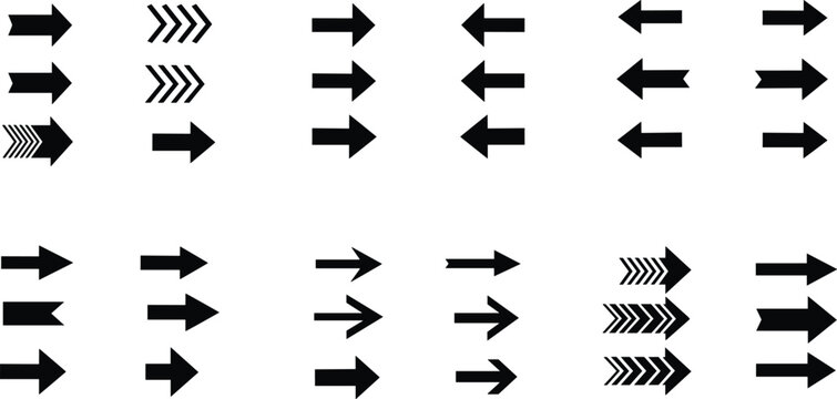 Comprehensive set of diverse black directional arrow icons pointing left and right for web design and user interface