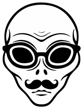 Stylized alien head with retro glasses and mustache silhouette
