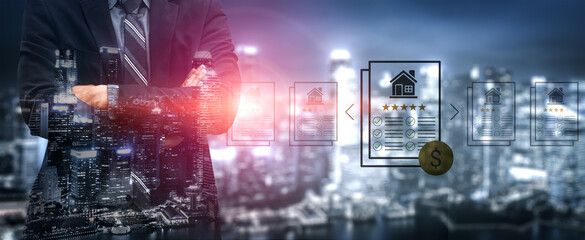 A business professional stands confidently in front of a digital display related to real estate, highlighting urban growth, technology, and financial opportunity. Ledger © InfiniteFlow
