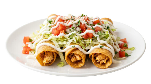 Crispy Chicken Taquitos Garnished with Fresh Lettuce and Tomato on White Background