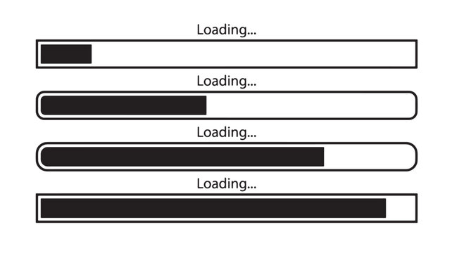 Loading Bar Icons in Minimalist Ui Style, Black Progress Indicators on White Background for Loading Screen Graphics