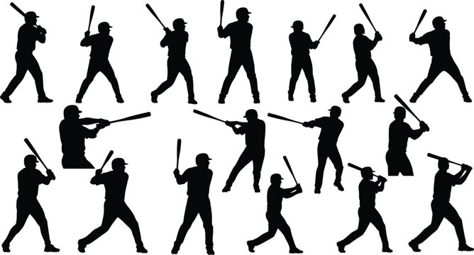 Set of black silhouettes featuring male baseball players swinging bats in various hitting and batting action poses