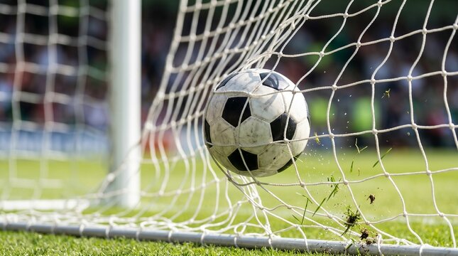 Close-up shot of a professional soccer ball hitting the back of the goal net during a competitive football game