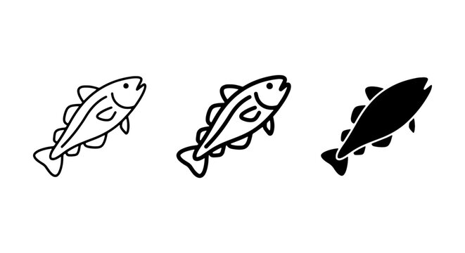 Cod Fish Icons Set, Seafood Vector Graphics, Marine Life Illustrations, Simple Outline and Silhouette Styles