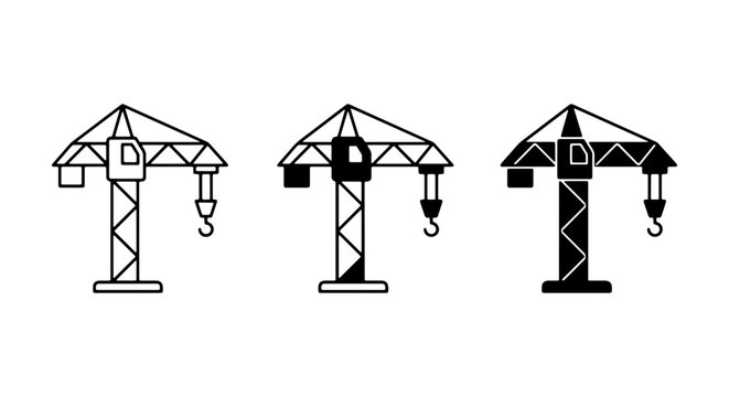 Construction Crane Icons Set, Industrial Machine Vector Graphics, Building Site Equipment Symbols, Heavy Lifting Machinery