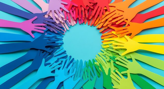 Diverse Hands Reaching Together in a Colorful Circle of Unity and Connection