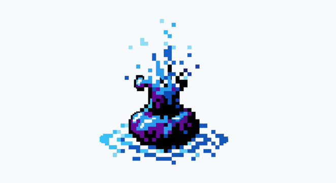 Pixel Art Potion Bottle With Blue Liquid Splashing.
