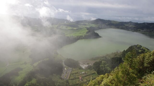 Elevated View of Lagoa das Furnas from Pico do Ferro Viewpoint, Volcanic Valley Landscape on S&atilde;o Miguel Island, Azores