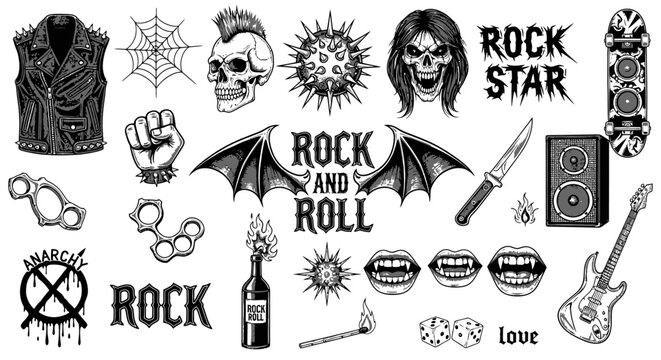 Set of vintage rock and roll inspired illustrations and icons including skulls, guitars, jackets, and lips