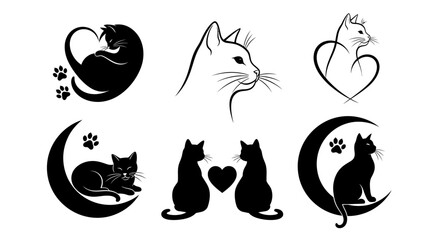 Obraz premium Minimalist black cat silhouettes and line art icons, elegant feline head and heart shapes, 6 vector elements for pet branding and tattoo design