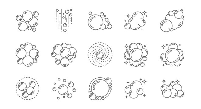 Minimalist soap bubble line icons set, 15 black outline foam and fizz vector elements, clean laundry and hygiene suds symbols for web design