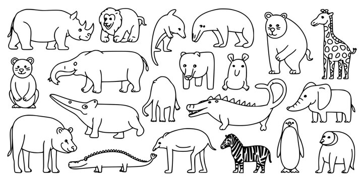 Animals Cartoon Line Icons Set of Illustrated Creatures Including Bear, Elephant, Lion, Penguin, Giraffe and Zebra, on White Background