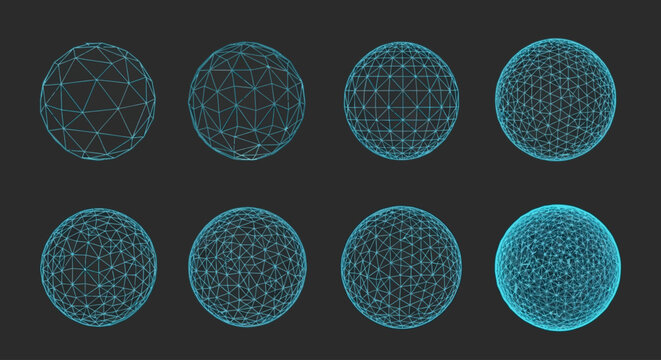 Futuristic blue wireframe spheres set, 8 glowing digital globe icons in vector format, neon geometric plexus circles for technology and science UI