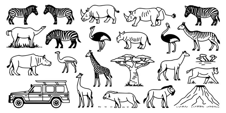 Animals and Safari Vehicle in a Nature Scene, Including Zebras, Rhinos, Giraffes, and More Featuring Antelopes, Ostriches, Wildlife with Black