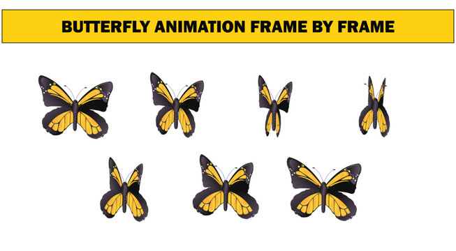 Yellow Butterfly Wing Flapping Animation Frame Sequence Vector Graphic