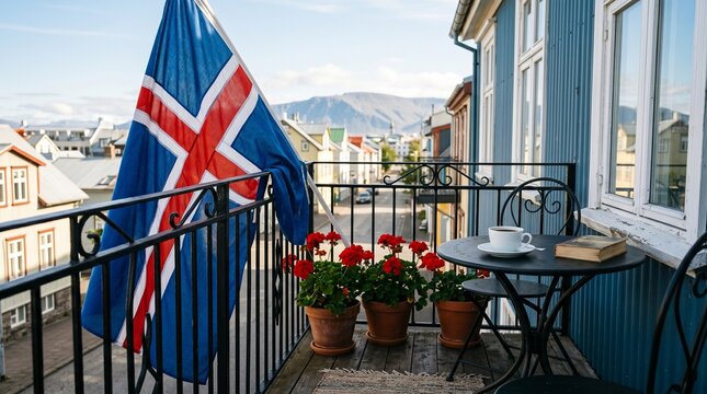 Icelandic freedom day flag on balcony overlooking city