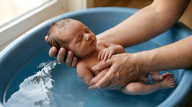 Tender moment of a newborn baby's first bath, with caring adult hands gently supporting the infant in a small blue tub, highlighting early life care and parental bonding