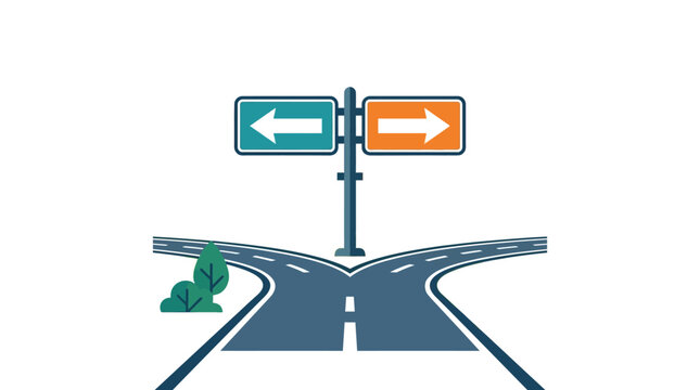 Road splits into two paths with directional signs indicating a choice, representing decisions and different ways forward