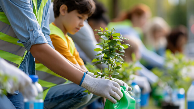 Diverse group of people and children participating in environmental activities including waste recycling and tree planting, community ecology and sustainability concept, faceless,