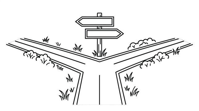 Conceptual illustration depicting a fork in the road with a blank signpost, symbolizing a critical life decision, a significant choice, or an important crossroads on a journey