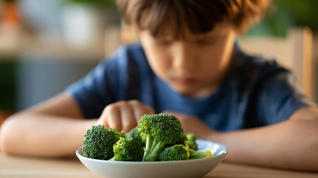 Little boy refusing to eat broccoli while shaking his head vigorously, picky eating habits and childhood nutrition concept, faceless, face not clearly visible, defocused