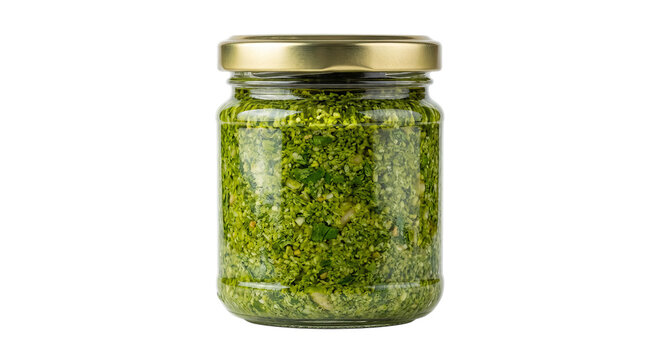 Glass jar filled with vibrant green pesto sauce, sealed with a golden lid
