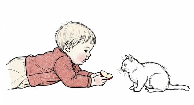 Curious Baby and Small Kitten Playing Together on Floor.