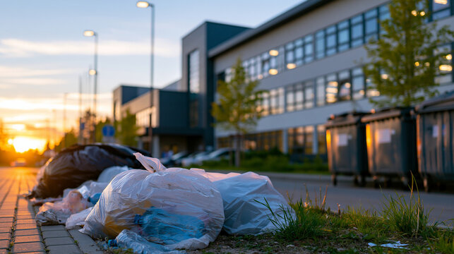 Waste accumulation near a school building at sunset, environmental issue and pollution awareness concept, with copy space