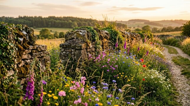 Stone wall along rural dirt path covered in colorful wildflowers. English countryside landscape at sunset. Idyllic nature scenery with meadows and rolling hills for travel background concept.