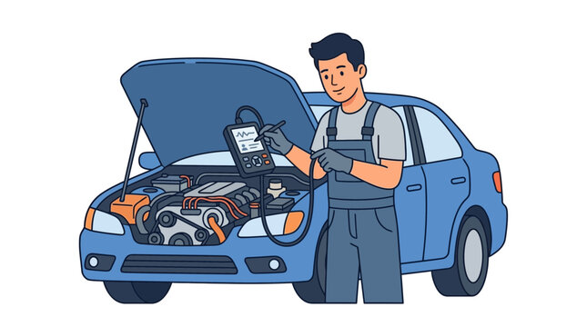 Auto Mechanic Inspecting Car Engine with Diagnostic Tool