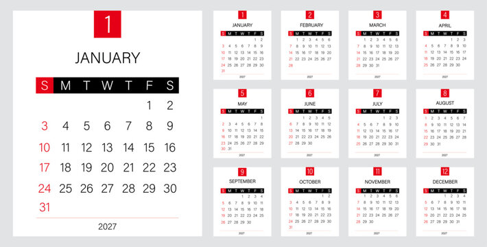 Minimalist style monthly calendar template for 2027 year | English calendar | Week starts on Sunday | Set of 12 months | Clear readable layout | Square composition