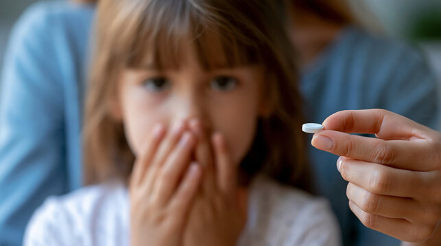 Mother's hand holding a tablet medicine while a little girl covers her mouth with both hands refusing to take it, parenting challenge and children's medication concept, faceless,